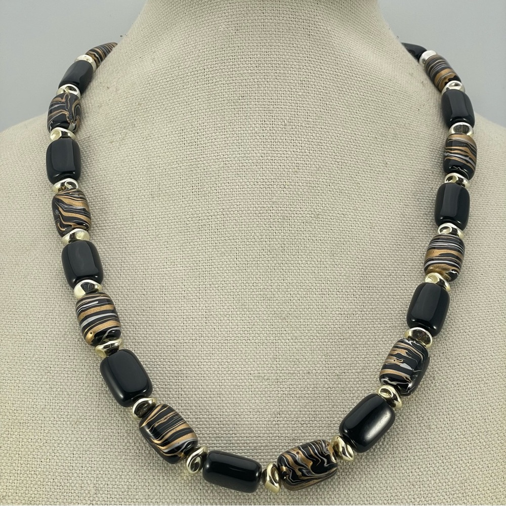 Vintage Black Gold Swirled Acrylic Lucite Beaded Statement Necklace Boho Classic